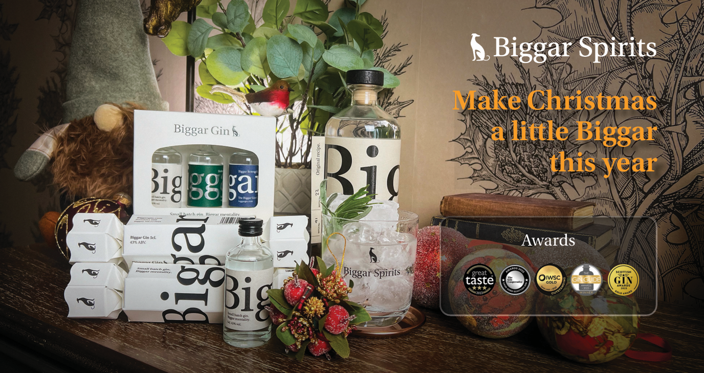 Biggar Gin bottle with Christmas decorations – handcrafted Scottish gin Christmas present
